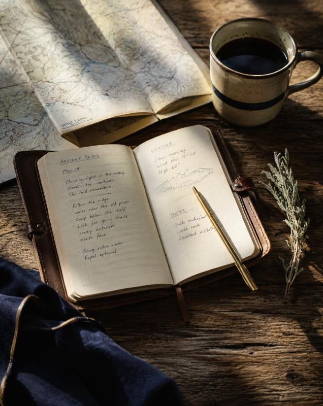Leather journal open on a weathered wood table with a topographic map, brass pen, ceramic mug, and dried sage